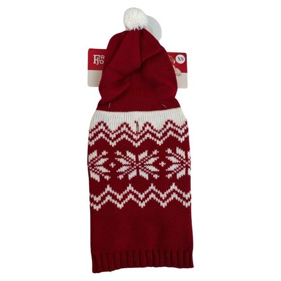 Friends Forever Knit Pet Holiday Snowflake Red White Ugly Sweater Hooded Pom NWT - Picture 2 of 9